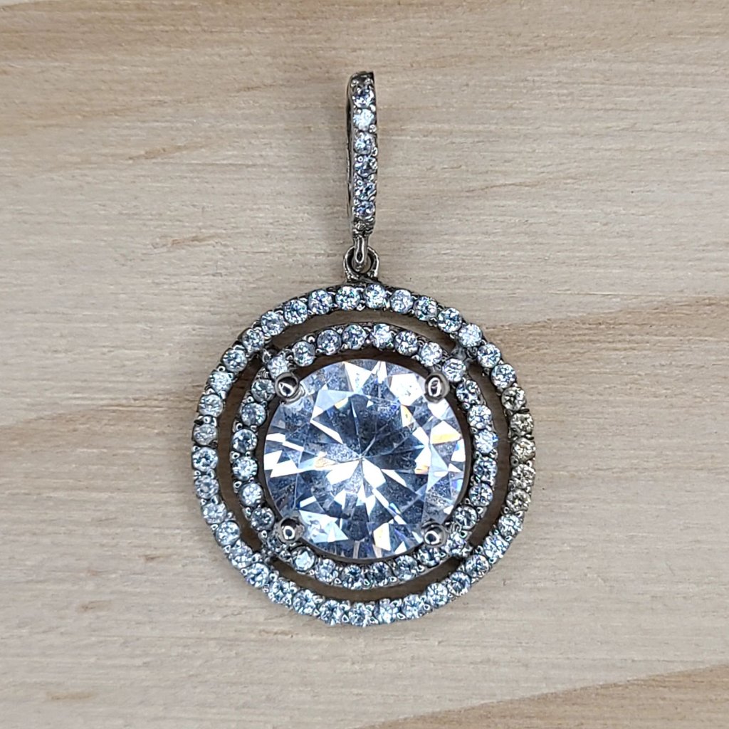 Vtg Sterling Silver Cubic Zirconia Halo Pendant Round Double Circle Design 1"